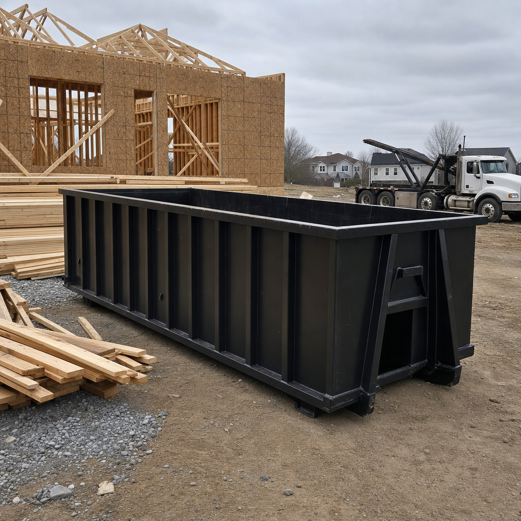 Matte-black 40-yard roll-off dumpster staged on a framed-out residential construction site in West Covina, framing lumber stacked nearby, hooklift delivery truck visible in the background under bright Colorado daylight