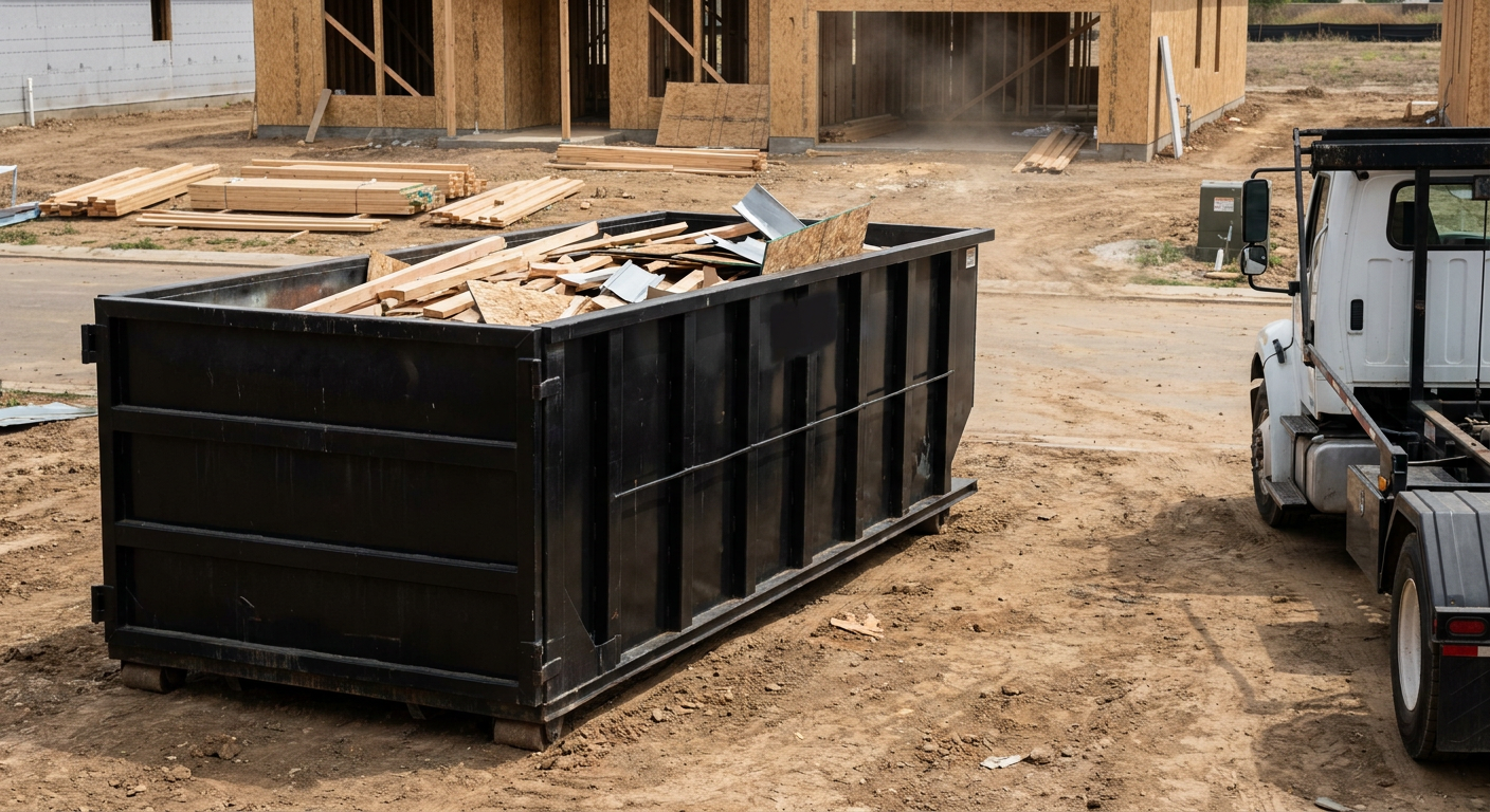 Matte-black 20-yard roll-off construction dumpster with heavy ribbed steel sidewalls and swing rear doors at a working jobsite in West Covina, sitting directly on compacted dirt with an unmarked white hauler partially visible at the far edge of the frame.