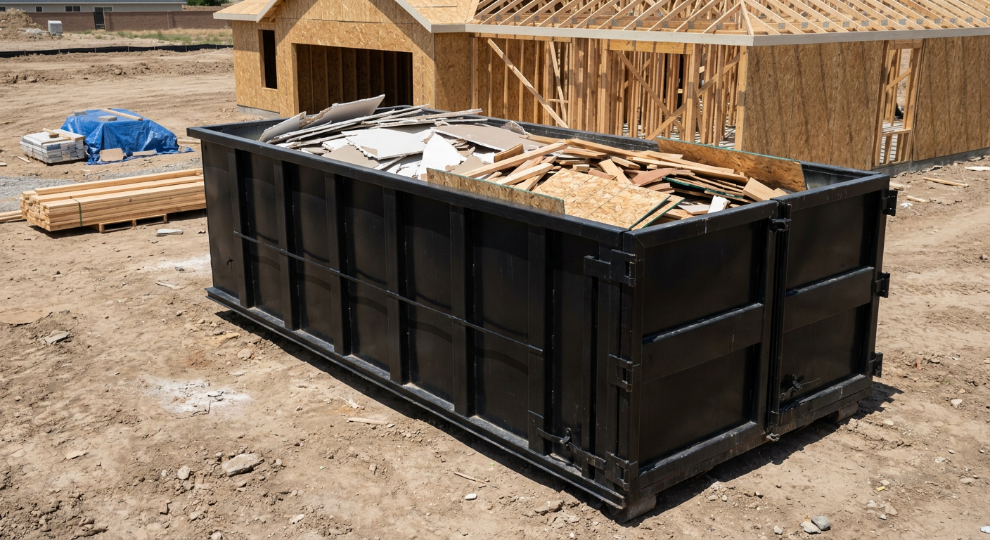 Matte-black 30-yard roll-off construction dumpster sitting directly on the compacted-dirt site of a framed single-family home build in West Covina, drywall and lumber scrap loaded inside.