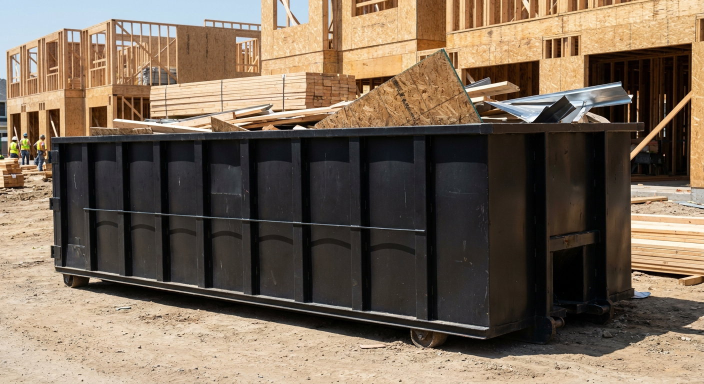 Matte-black 40-yard roll-off construction dumpster being lowered from a white-cab hooklift delivery truck onto the compacted-dirt jobsite at a commercial build site in West Covina
