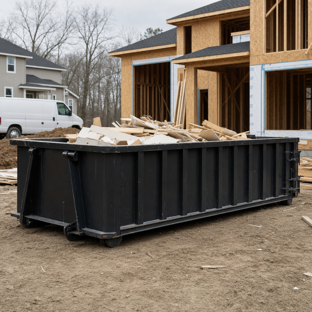 Worker in a yellow high-visibility vest tossing framing lumber and broken drywall into a matte-black 30-yard construction roll-off dumpster on an active build site in West Covina, bright daylight
