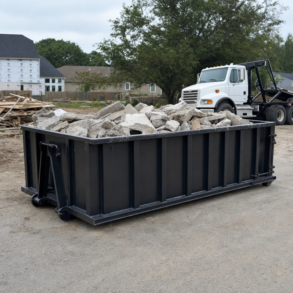 Low-profile matte-black lowboy roll-off dumpster loaded with broken concrete slab and rebar at a foundation tear-out in West Covina, skid steer parked beside it, sunny Colorado morning