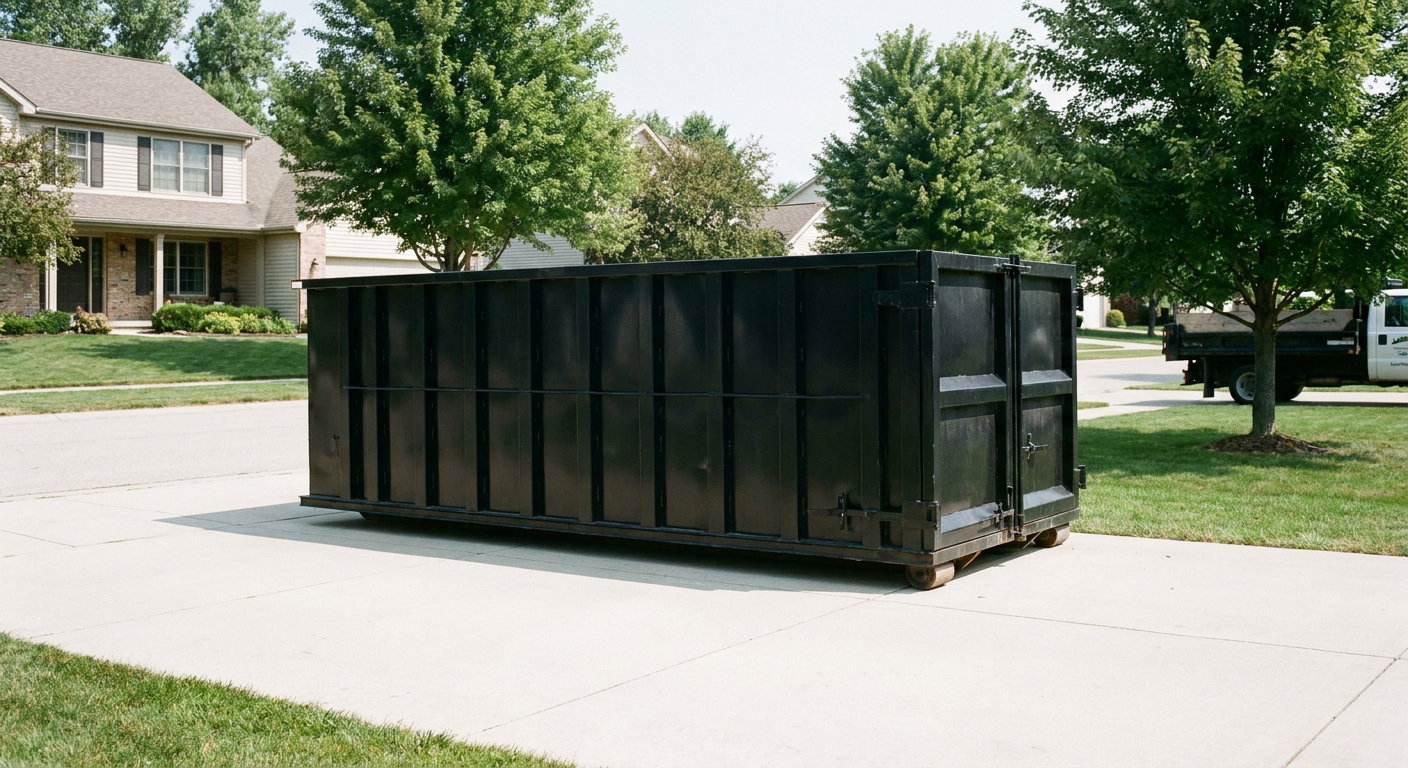 Matte-black 20-yard roll-off dumpster sitting level on a clean West Covina residential concrete driveway under bright daylight, demonstrating clean placement directly on the concrete.