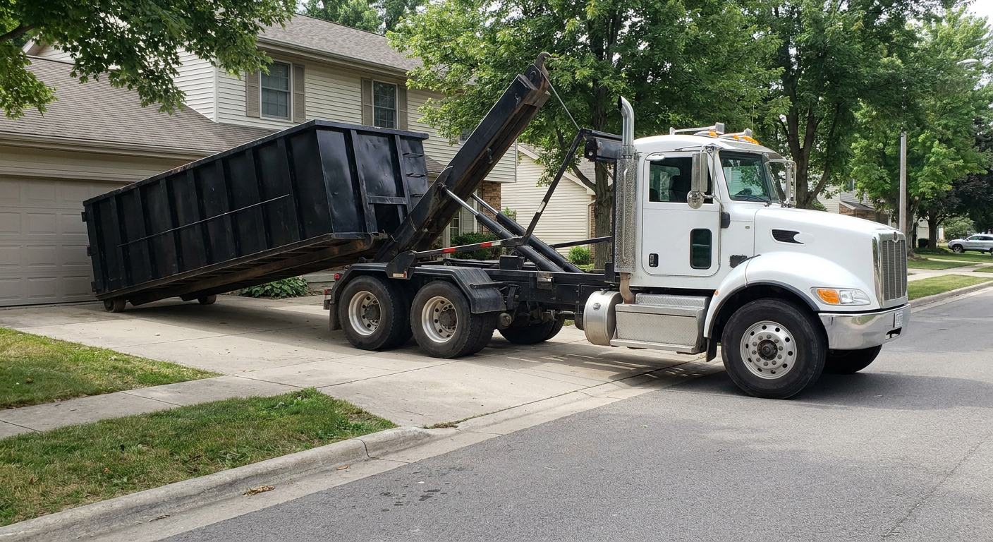 White-cab hooklift roll-off truck actively lowering a matte-black dumpster onto a West Covina residential concrete driveway, the dumpster's rear wheels touching the driveway as the hoist arm tilts the bed forward, mid-morning daylight.