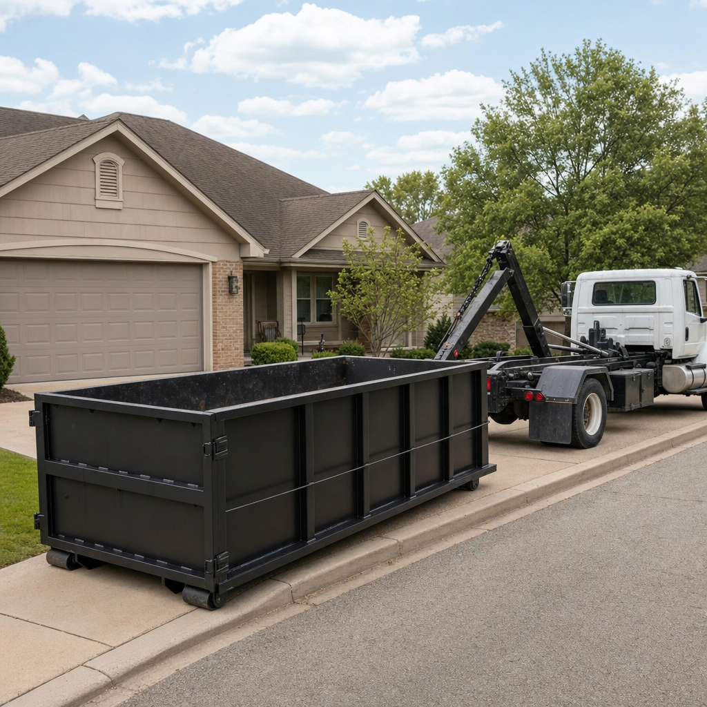 Wide documentary shot of a matte-black roll-off dumpster on a West Covina residential driveway in the foreground and a contractor jobsite container in the soft-focus background, bright daylight, calm and orderly composition.