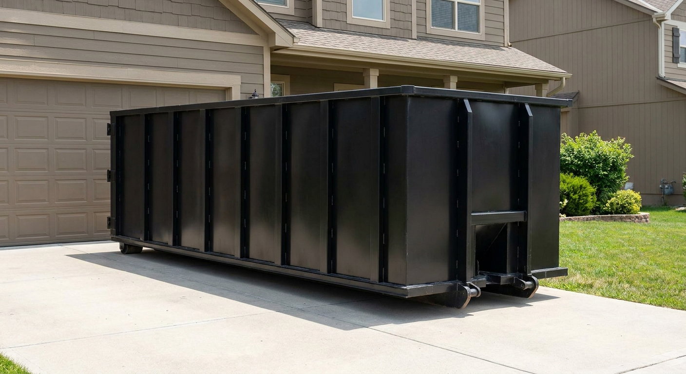 Matte-black residential roll-off dumpster sitting directly on a suburban West Covina concrete driveway, garage door closed, single-family home in background, bright morning daylight.