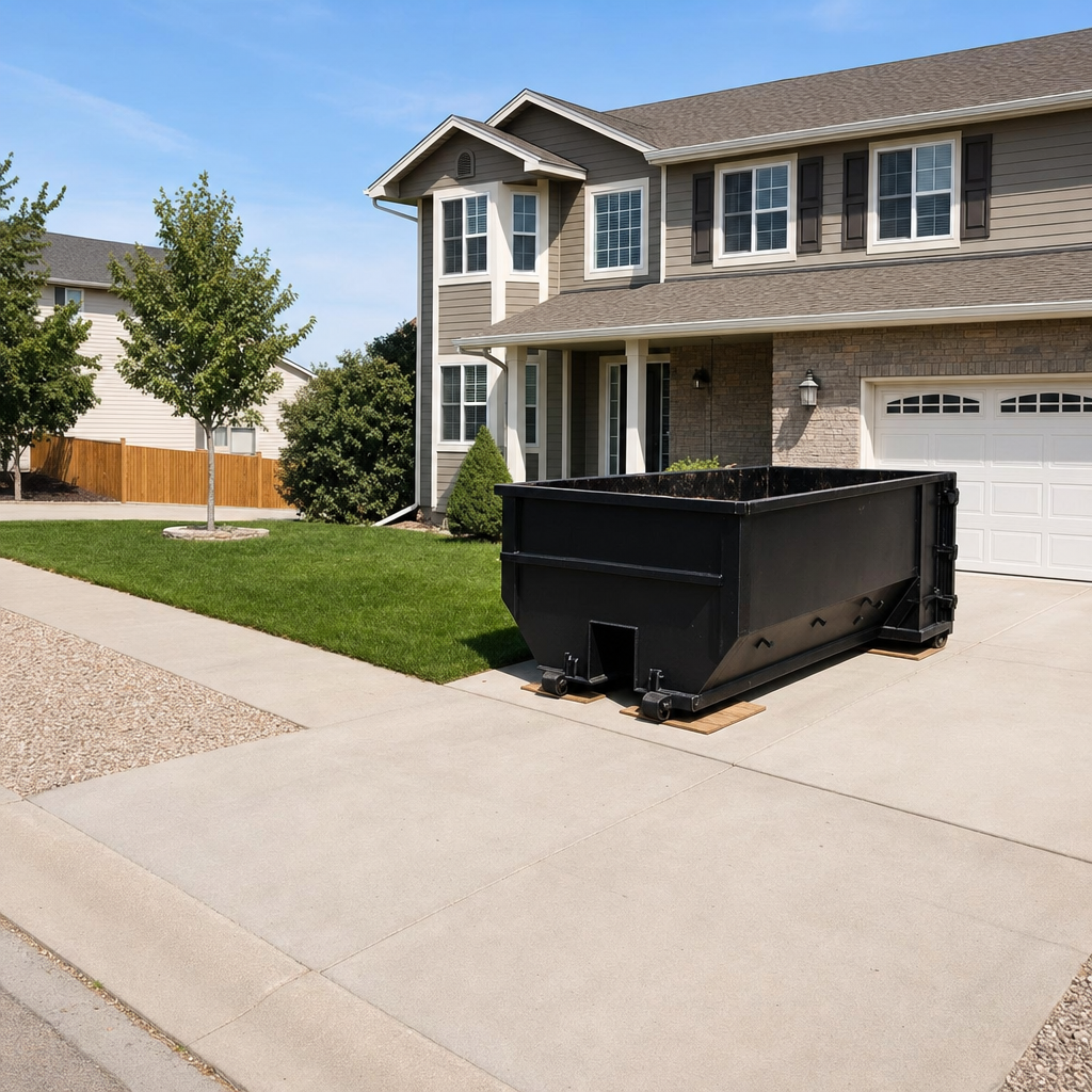 10-yard matte-black residential dumpster placed directly on a narrow West Covina concrete driveway, room remains for a parked sedan beside it, mid-morning natural light