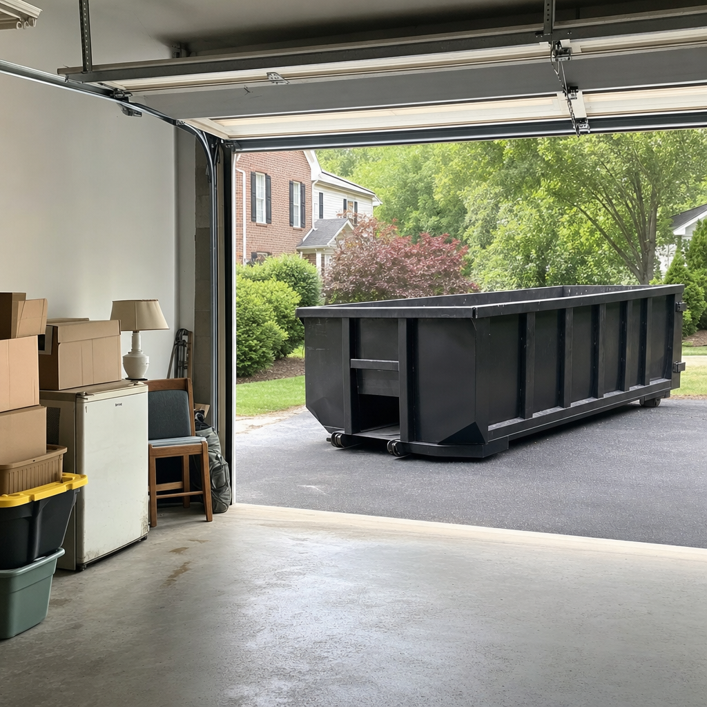 Open garage interior in a West Covina home mid-cleanout — boxed items, an old appliance, and stacked yard tools queued near the driveway for a matte-black roll-off dumpster, organized and calm