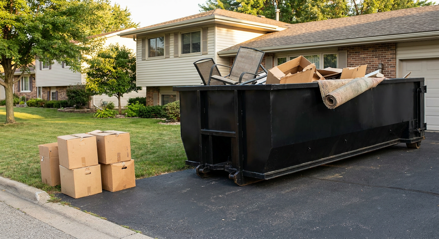Front-yard view of a West Covina split-level home with a 20-yard matte-black roll-off dumpster sitting directly on the asphalt driveway, a few clearly labeled donation boxes staged at the curb, calm sunny afternoon.