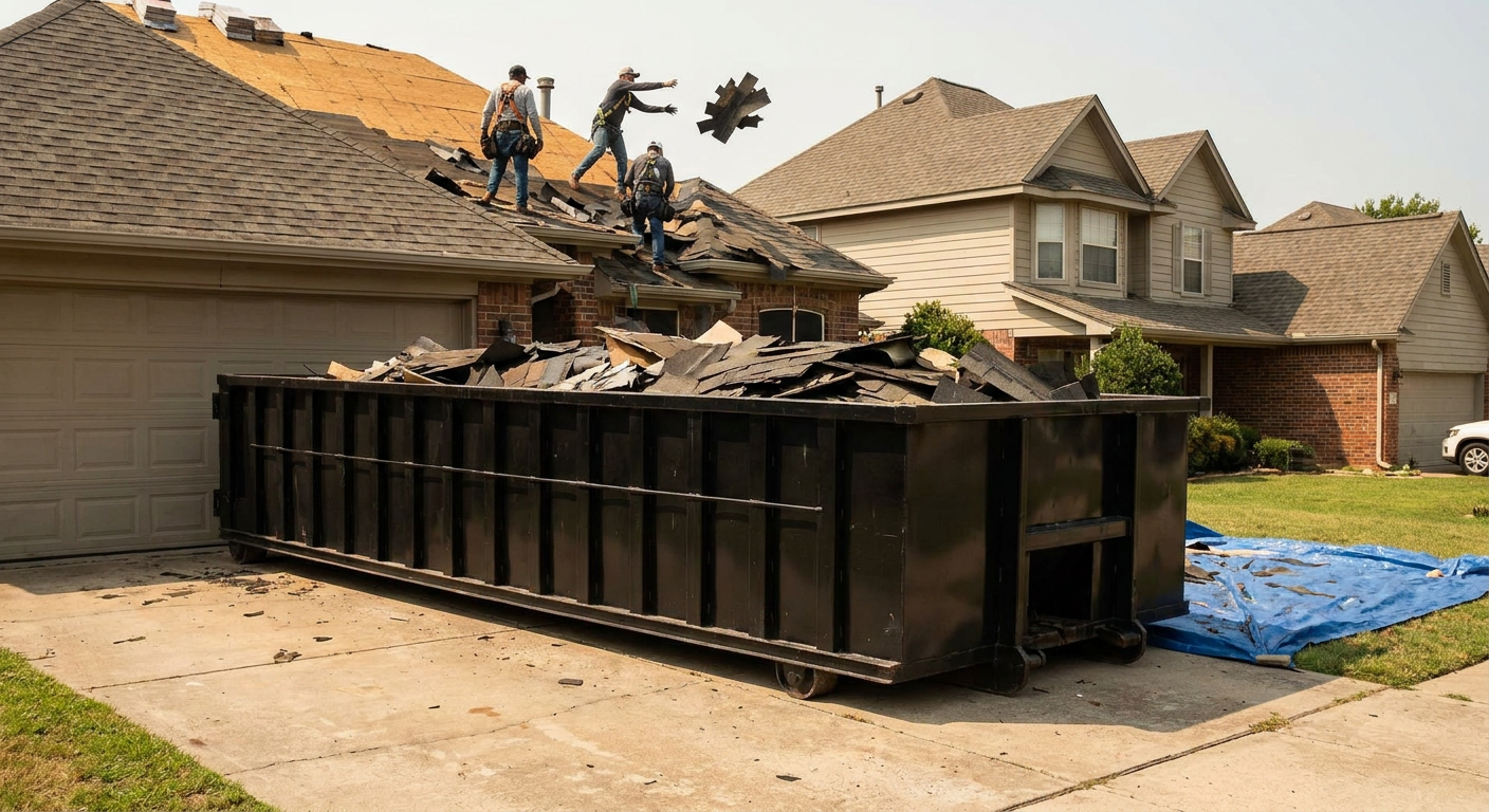 Matte-black roofing roll-off dumpster placed directly on a West Covina residential concrete driveway, a tear-off crew on a two-story asphalt-shingle roof tossing shingle bundles into the low-walled container, bright daylight, documentary 35mm perspective.