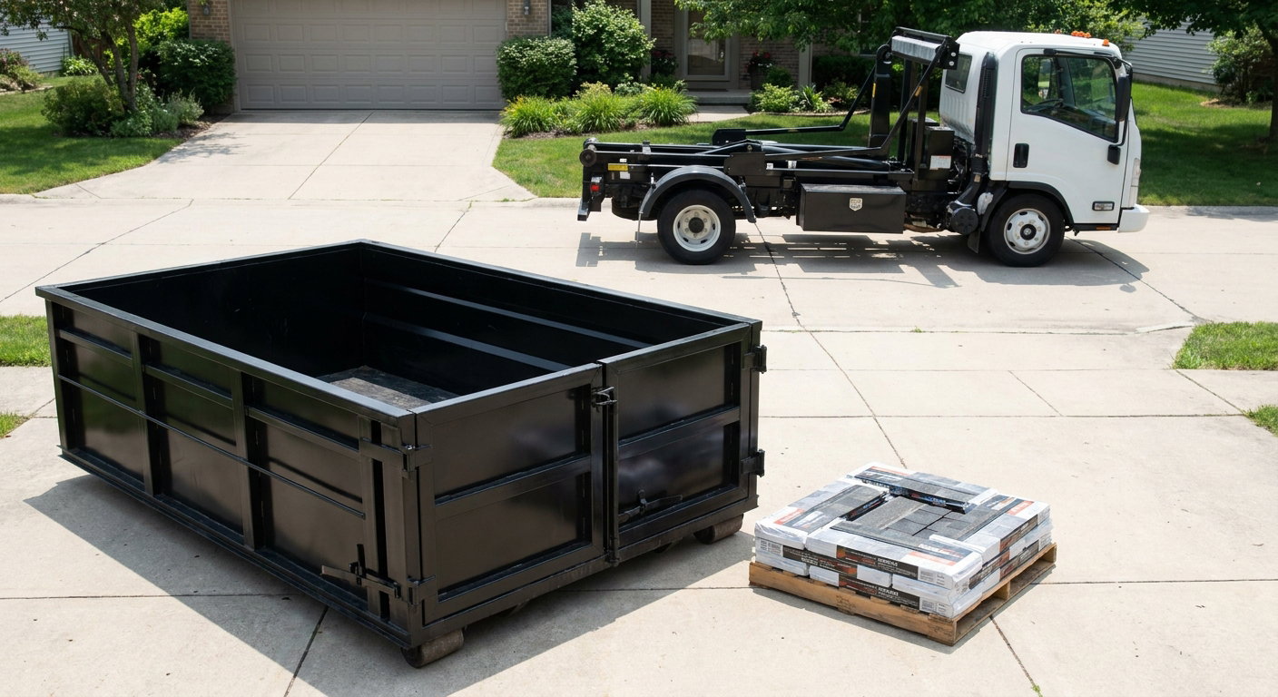 Matte-black 15-yard roofing roll-off dumpster with reinforced low side walls sitting directly on a West Covina residential concrete driveway, three-tab asphalt shingle bundles stacked nearby, an unmarked white hauler truck partially visible at the edge of the frame.