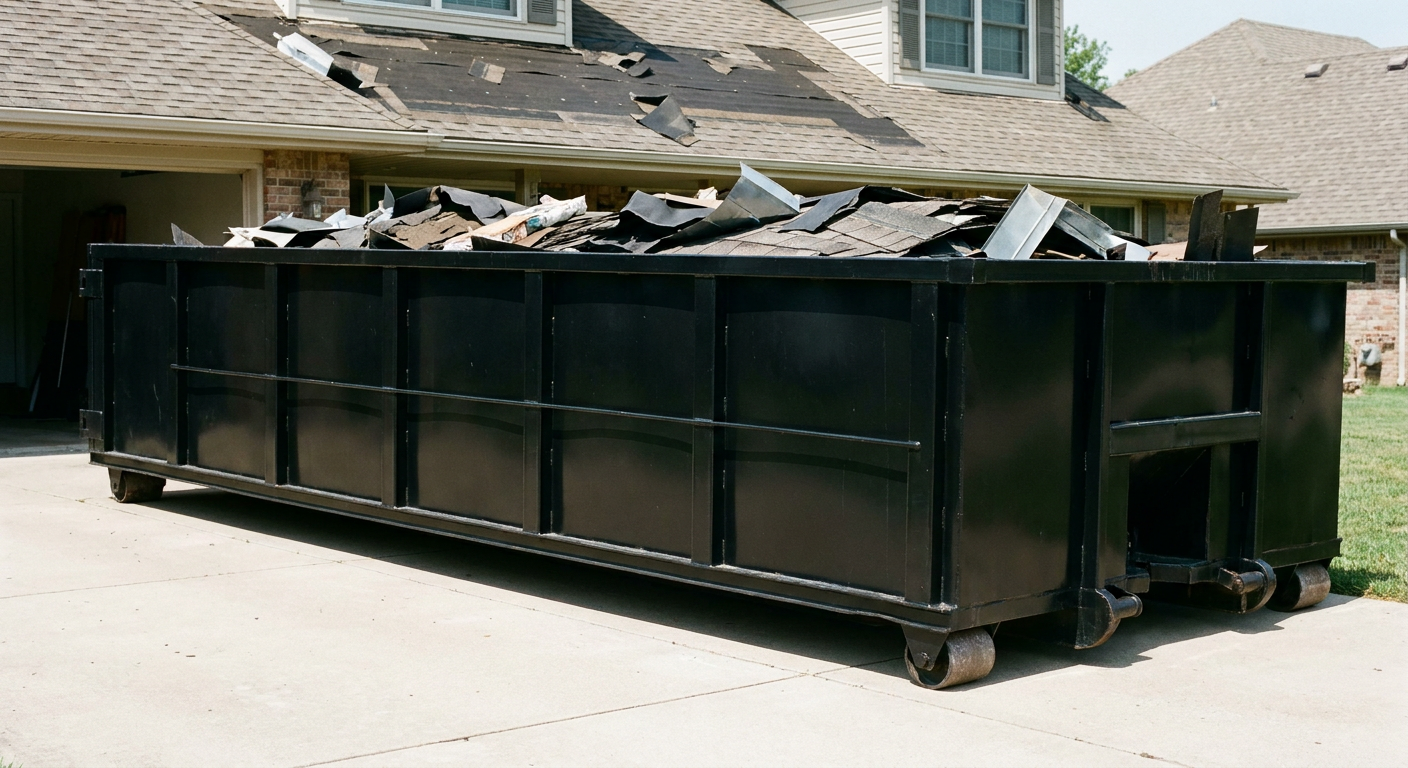 Matte-black 20-yard roofing roll-off dumpster with steel ribbed sides and swinging rear door, sitting directly on the concrete driveway of a two-story West Covina home, asphalt shingle debris being loaded over the low wall, clean documentary lighting.