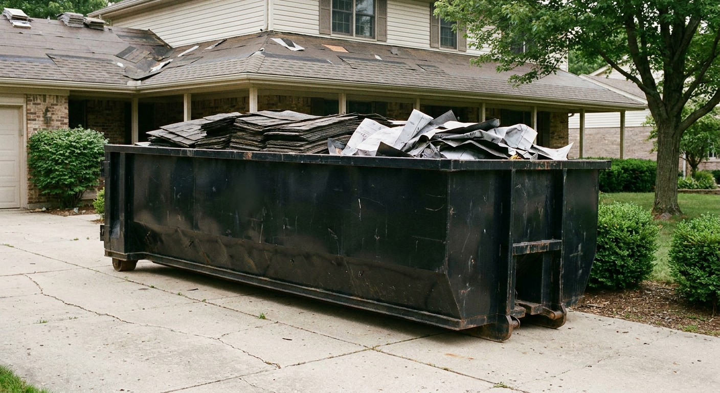 Matte-black 30-yard roofing roll-off dumpster sitting directly on a West Covina concrete driveway, taller ribbed steel side panels, mixed tear-off debris of asphalt shingles and underlayment inside, professional documentary daylight.