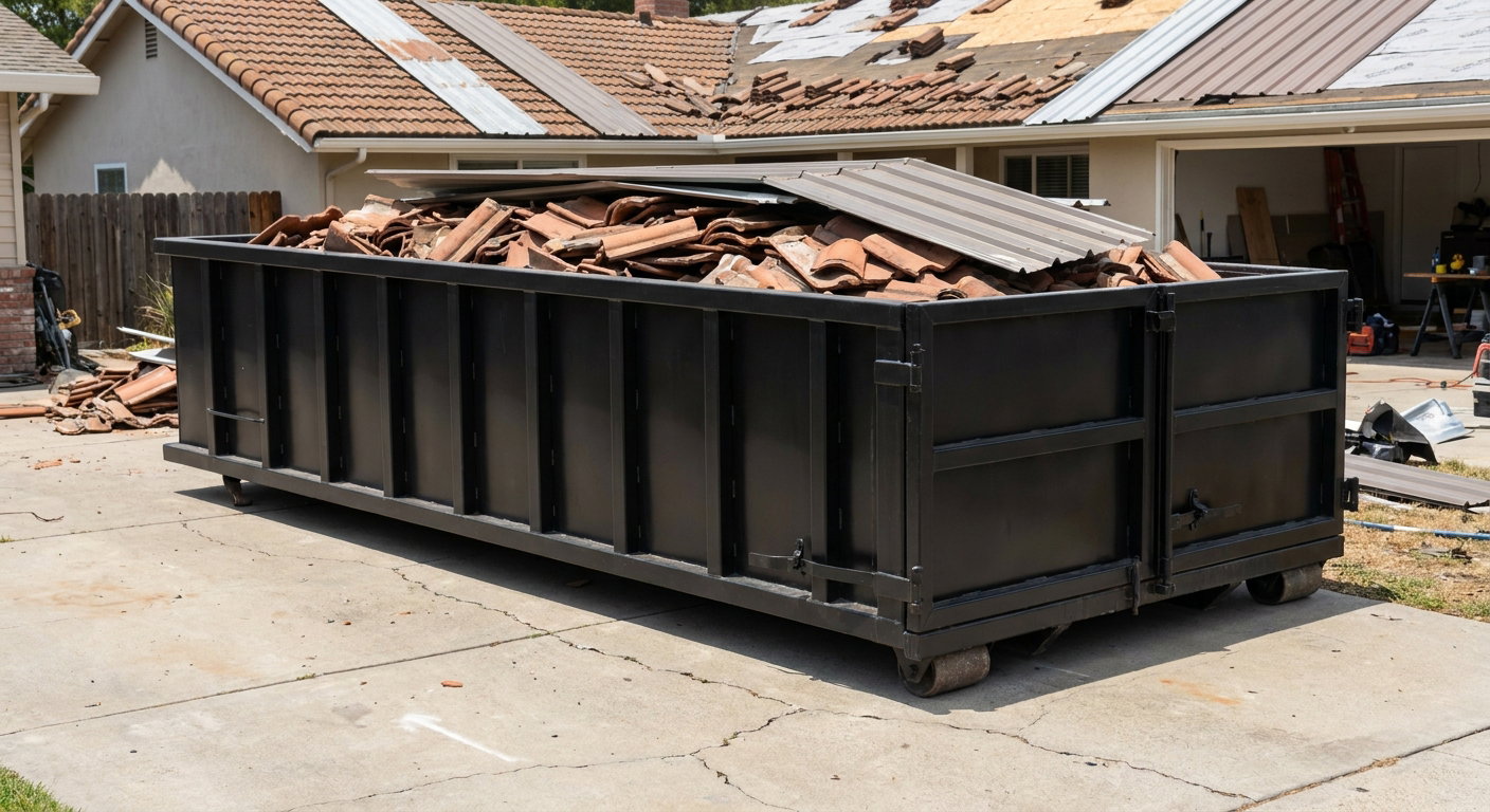 Matte-black low-wall heavy-debris roofing roll-off dumpster sitting directly on a West Covina concrete driveway, broken concrete clay roof tiles and metal panel sections loaded inside, reinforced ribbed steel side walls visible, bright outdoor daylight.