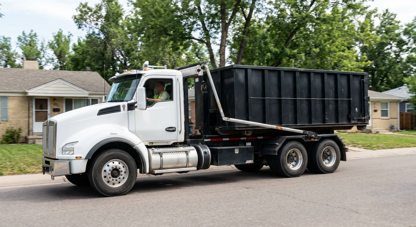 A wide documentary shot of a matte-black roll-off delivery truck pulling onto a quiet West Covina residential street at mid-morning, with neighborhood rooftops and tree-lined blocks visible behind, showing the metro coverage footprint.
