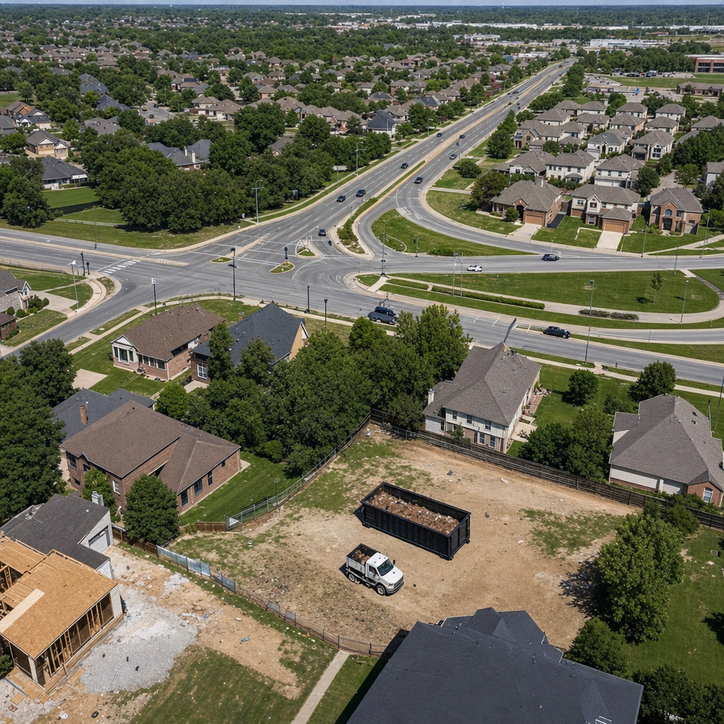 An overhead documentary view of the West Covina metro area at midday, showing the spread of neighborhoods, arterial roads, and the dispatch radius from a central yard — clean daylight, organized geographic layout.