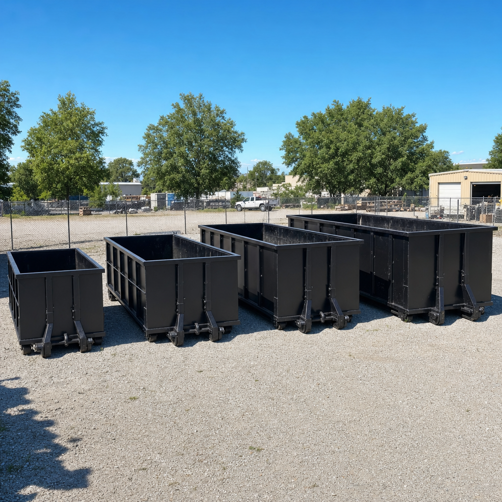 A clean lineup of matte-black roll-off dumpsters in 10, 20, 30, and 40-yard sizes staged on a sunlit gravel yard in West Covina, showing the size progression from compact to commercial-scale containers.
