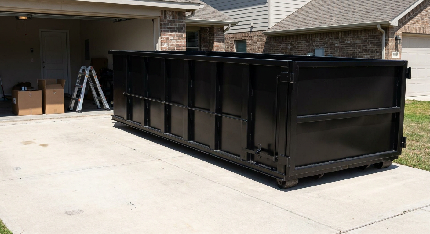 A matte-black 10-yard roll-off dumpster sitting directly on a residential West Covina concrete driveway, mid-day sunlight, clean and ready for a garage cleanout.
