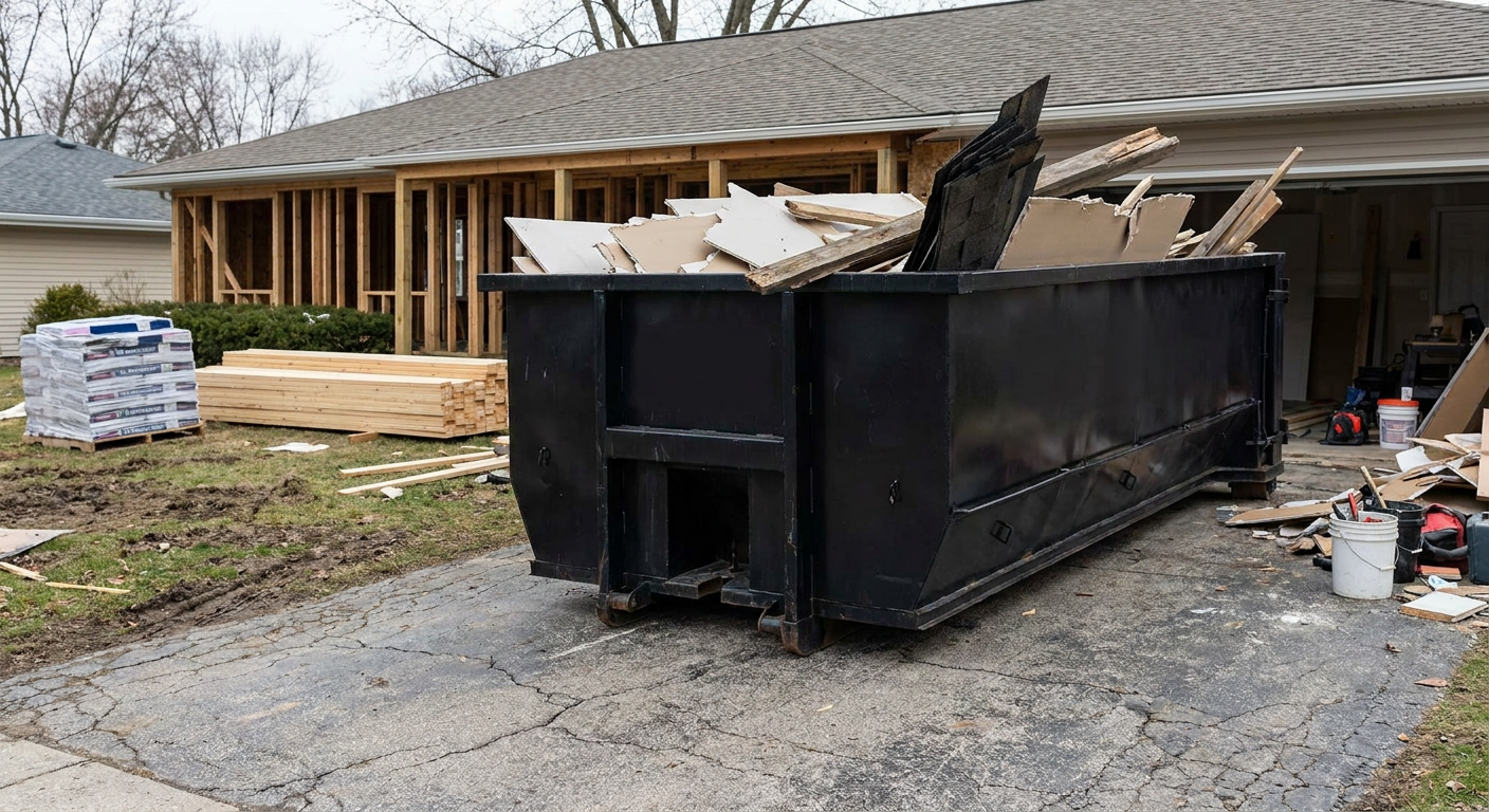 A matte-black 20-yard roll-off dumpster placed alongside a mid-renovation West Covina home directly on the asphalt driveway, with framing materials and torn-off shingles staged neatly nearby.