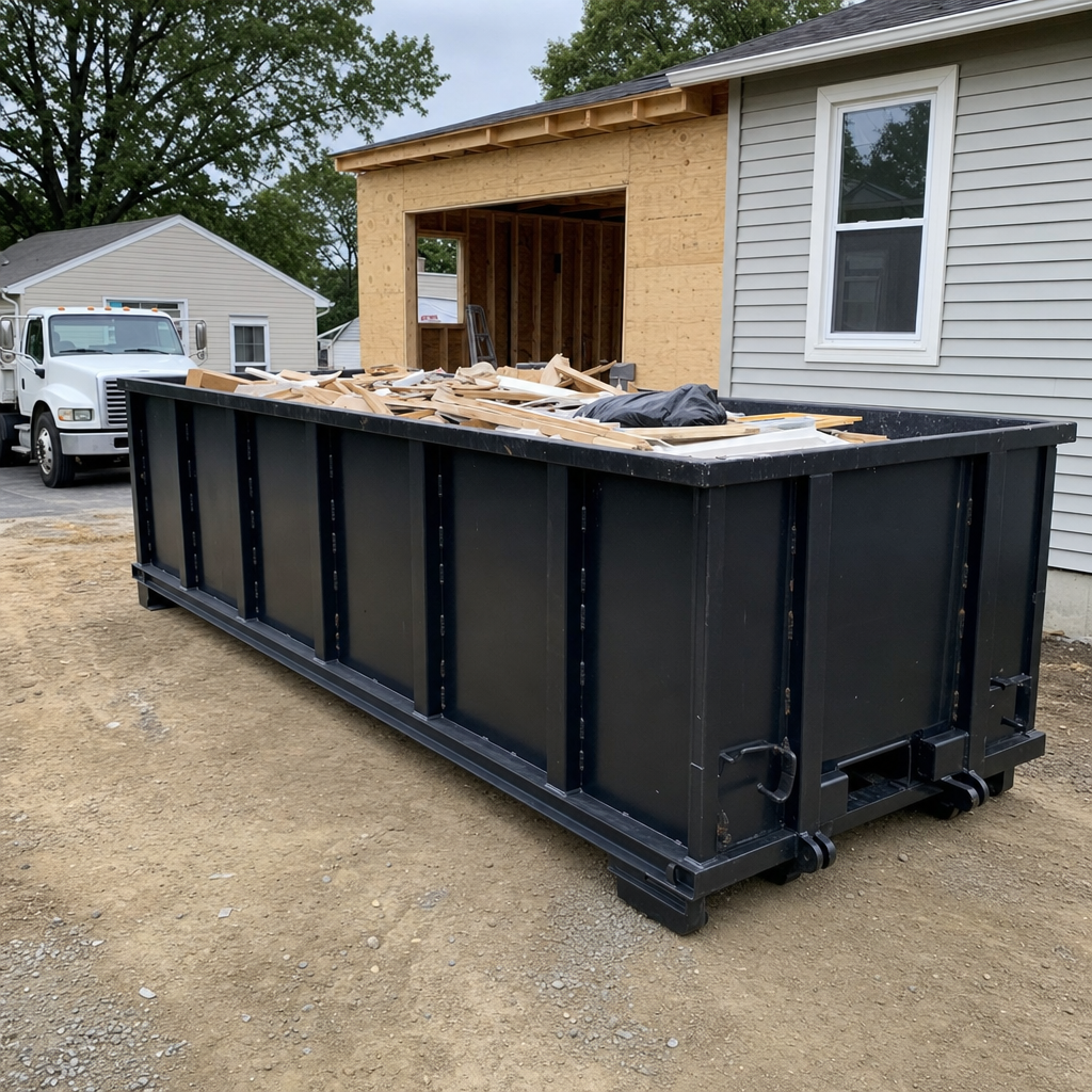A matte-black 30-yard roll-off dumpster positioned at a West Covina residential addition jobsite, with framing lumber and drywall scraps loaded through the open swinging rear doors.
