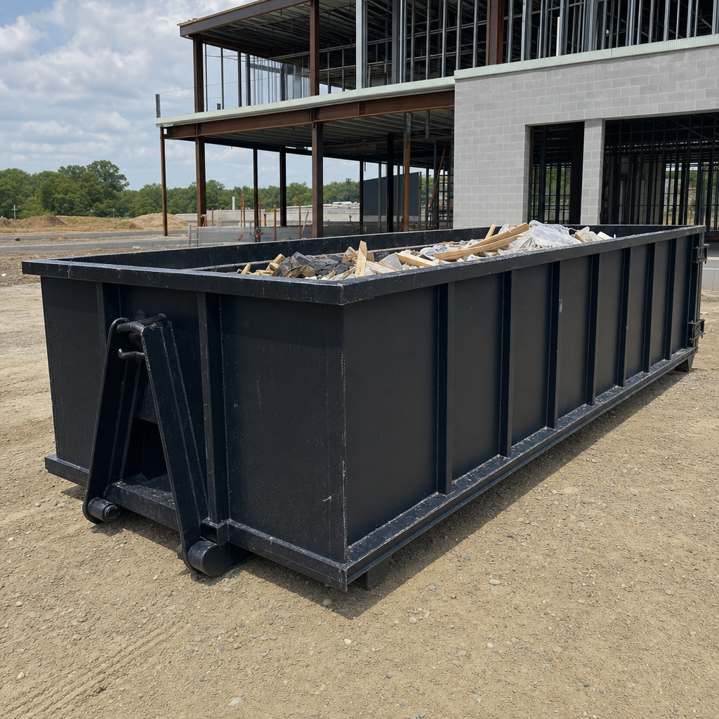 A matte-black 40-yard roll-off dumpster staged on a large West Covina commercial construction lot, with a hooklift delivery truck parked alongside under bright midday sky.
