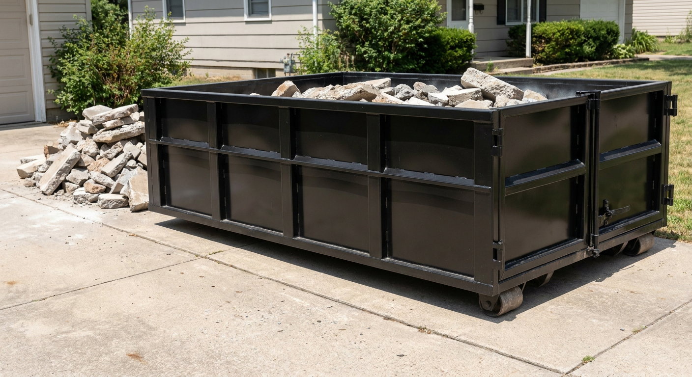 A matte-black low-side heavy-debris roll-off dumpster placed directly on a West Covina concrete driveway, with broken concrete chunks neatly stacked beside it under clean daylight.